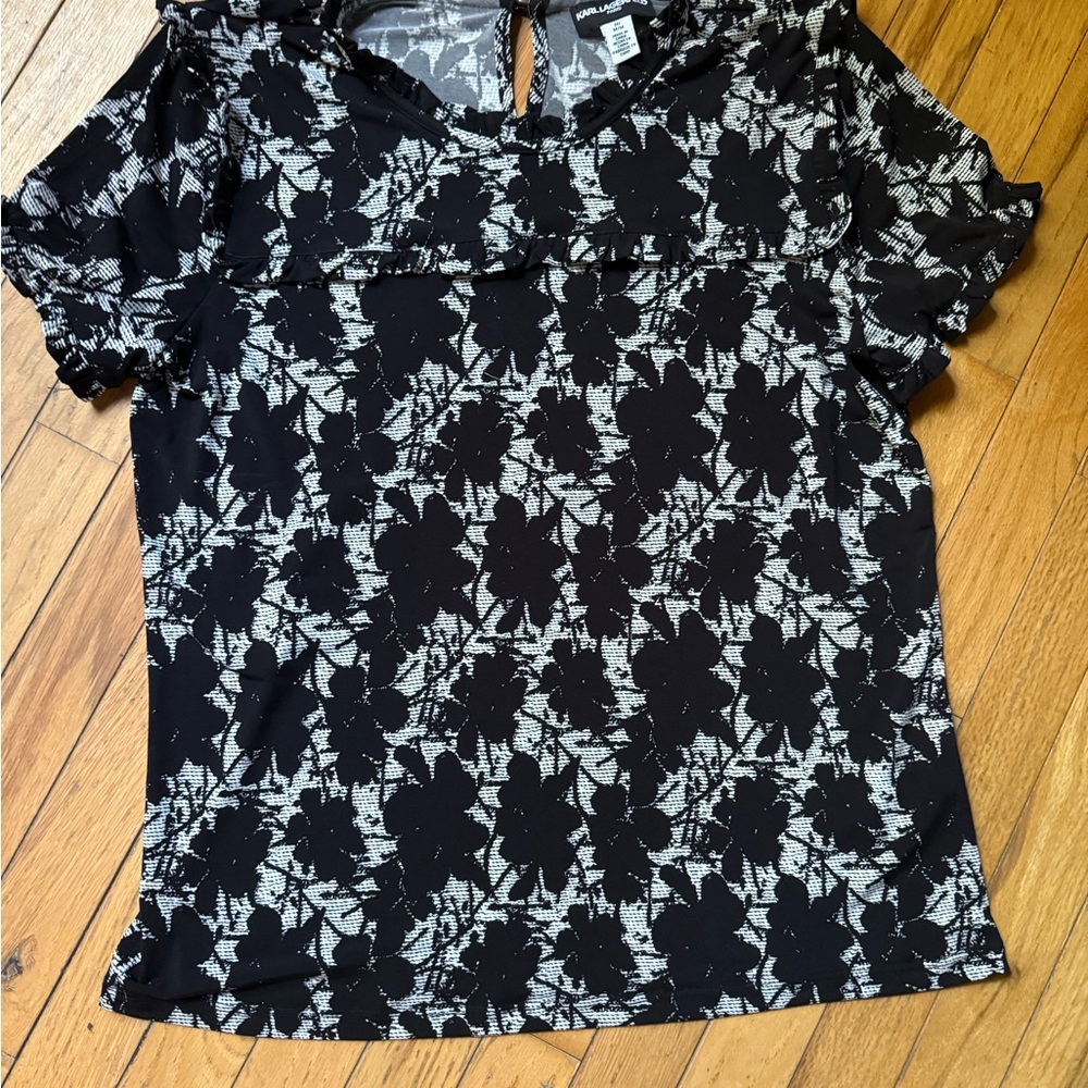 Karl Lagerfeld Black and Gray Floral Blouse